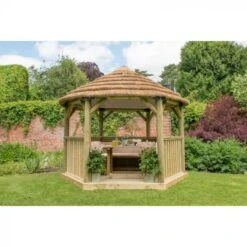 Forest Garden 3.6m Hexagonal Wooden Garden Gazebo With Timber Roof – Furnished (Cream) - Home Delivery & Installation