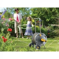 Hozelock 60m Assembled Hose Cart With 30m Hose -Decor In Garden Store 340872 60m reel with 30m hose in use