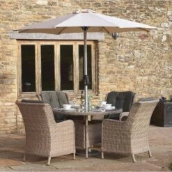 Bramblecrest Blenheim 4 Seat Set W 120cm Table & Parasol -Decor In Garden Store bleinheim 4 seater round table set